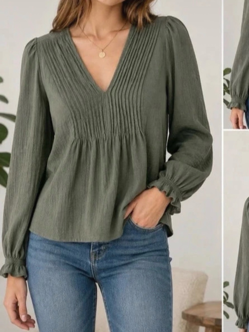 Nanette Lepore Olive Green V-Neck Pintuck Long Sleeve Top